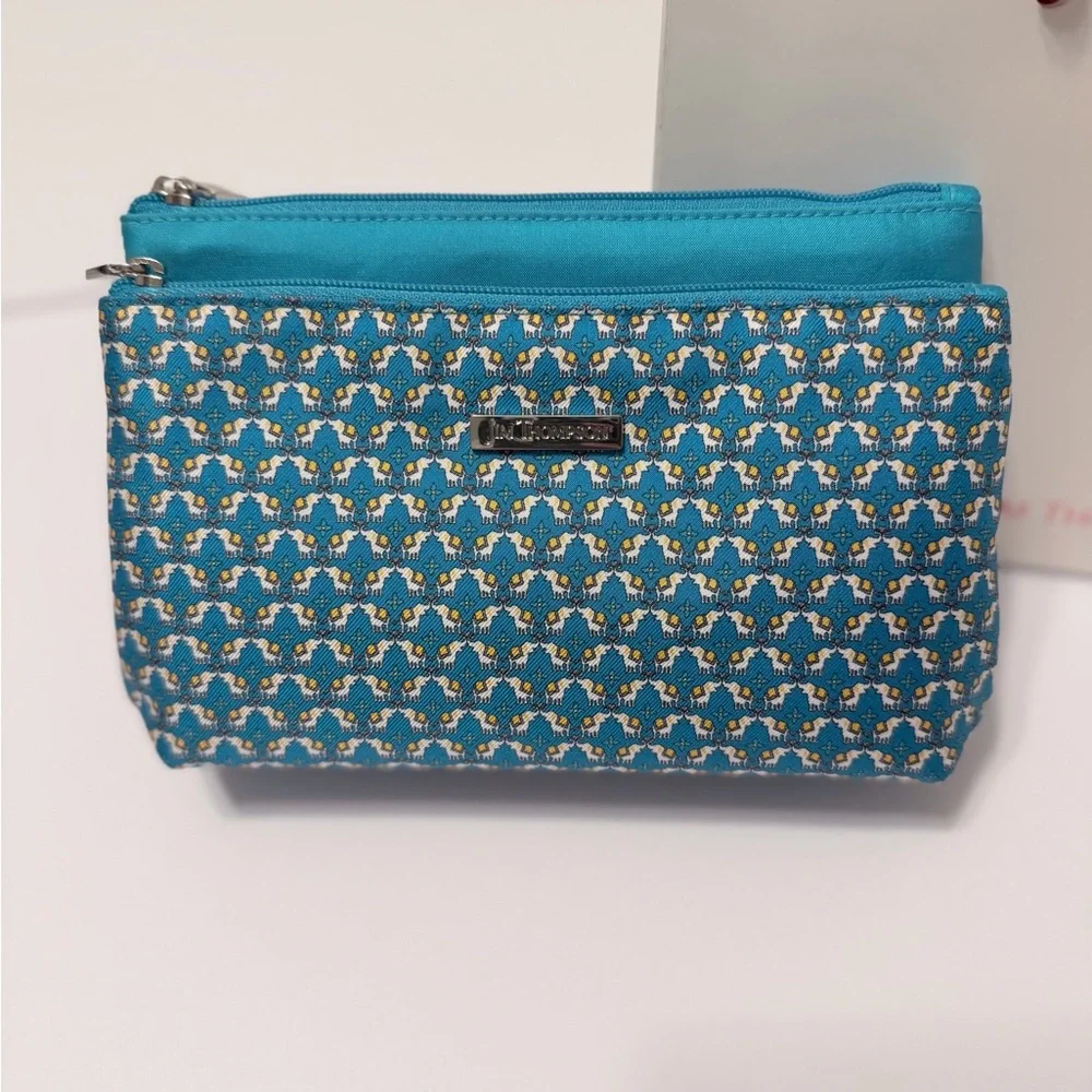 Jim Thompson Thai Silk Elephant Print Cosmetic Bag Teal Blue Mirror Travel Pouch